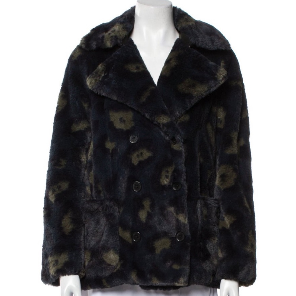 Zadig & Voltaire Miles Leo Green Leopard Faux Fur Coat Size Small